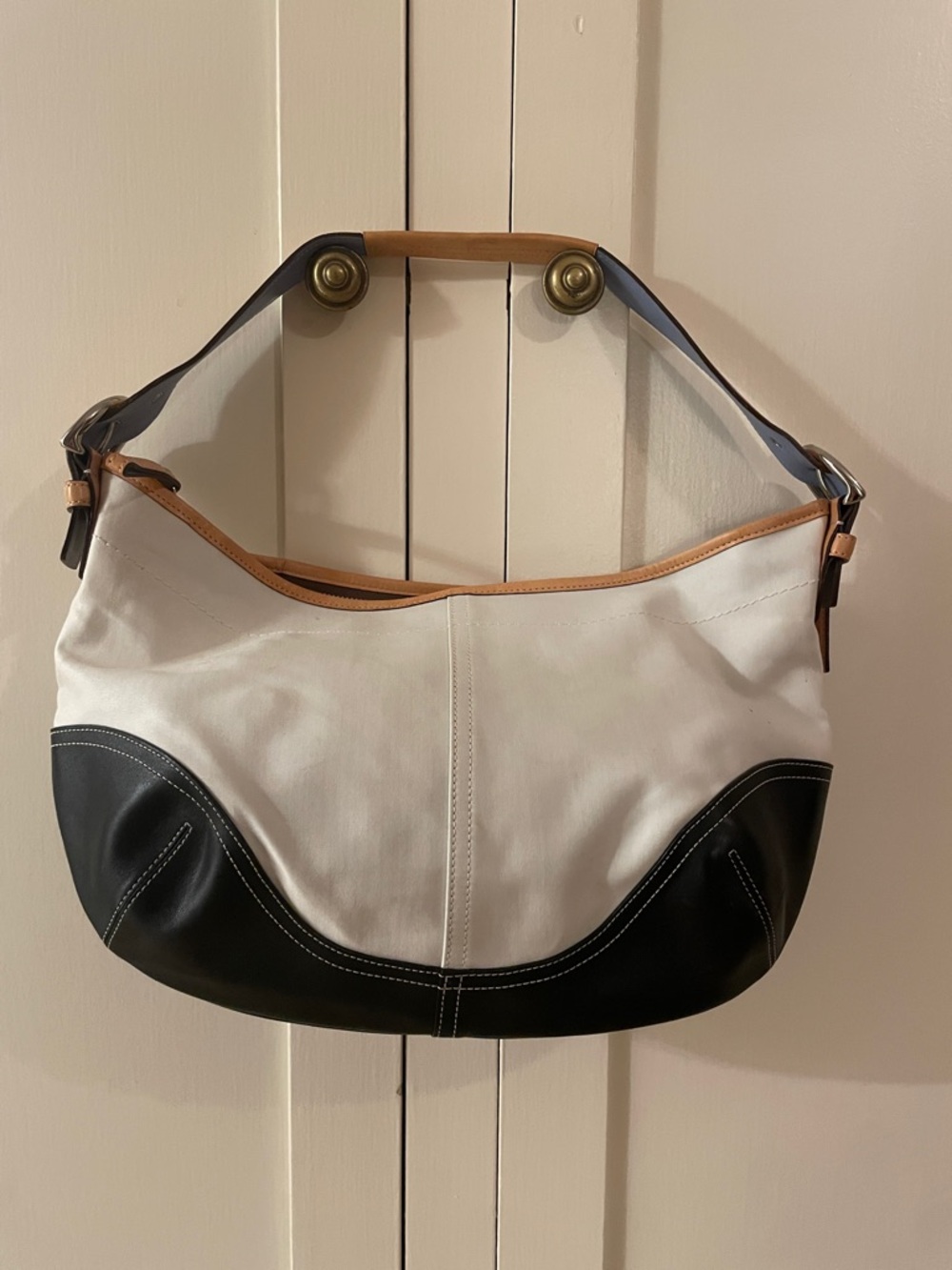 Coach SoHo Hobo White and Black Canvas & Leather Shoulder Bag w/Tan& Blue Trim